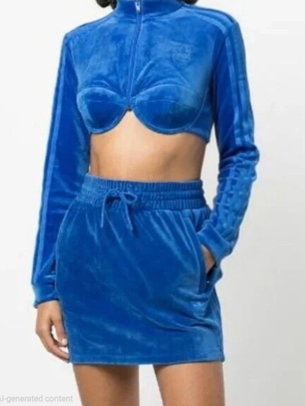 adidas Originals Jeremy Scott 3 Pc Blue Velour Track Top, Skirt, and Pants Sz M